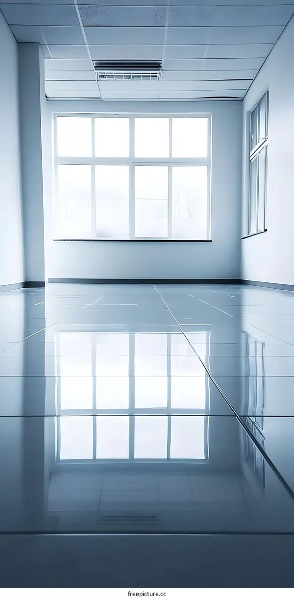 Empty Room with Large Window and Shiny Tile Floor