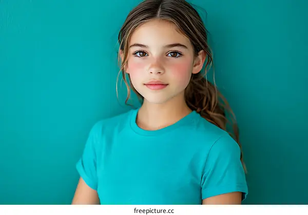 Portrait of a Caucasian Girl in Teal T-shirt