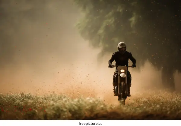 Motorcycle Rider in a Dusty Field