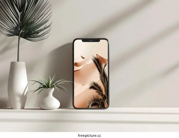 Minimalist Phone Mockup with Desert Landscape on Screen