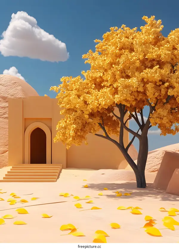 Minimalist 3D Illustration of Desert Landscape with Yellow Leaves and Archway