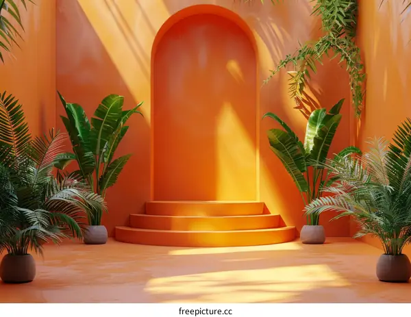 Orange Tropical Indoor Scene with Plants