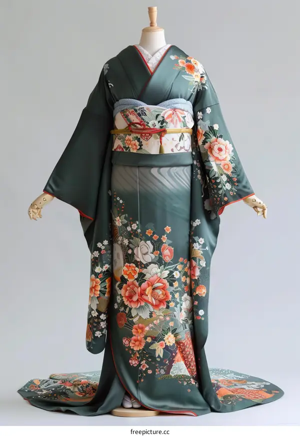 A woman wearing a green kimono with floral patterns