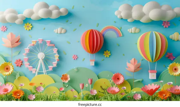 Whimsical Papercraft Landscape with Hot Air Balloons and Ferris Wheel