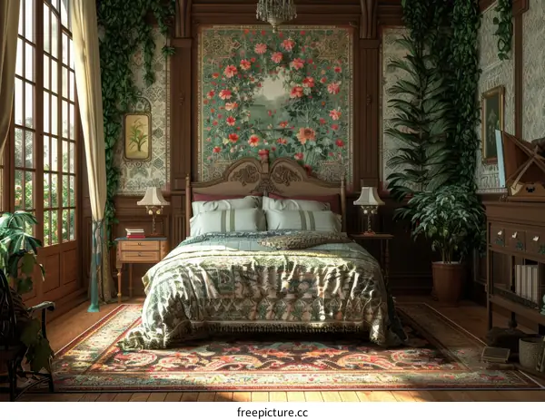 Elegant Vintage Bedroom Interior Illustration