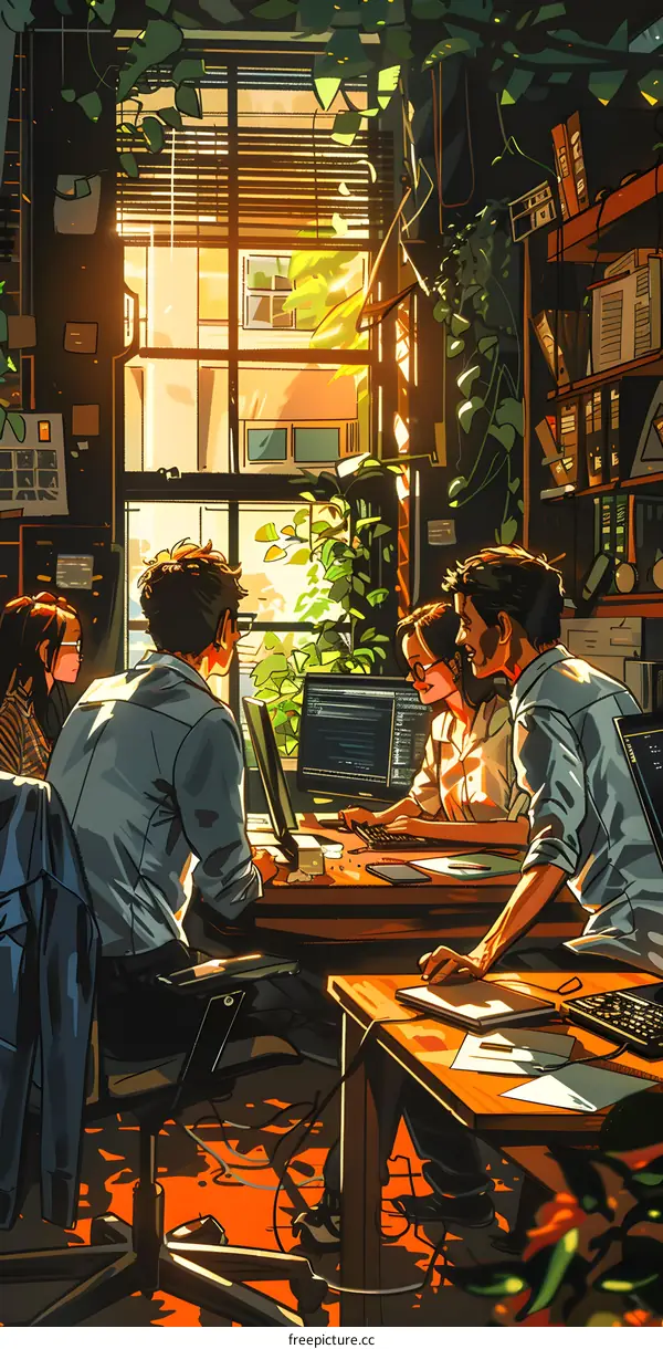 Four people in an office are working together on a project. There are two women and two men. They are all wearing casual clothes. The office is decorated with plants and has a large window.