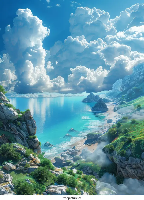 Dramatic Rocky Shore under a Serene Blue Sky