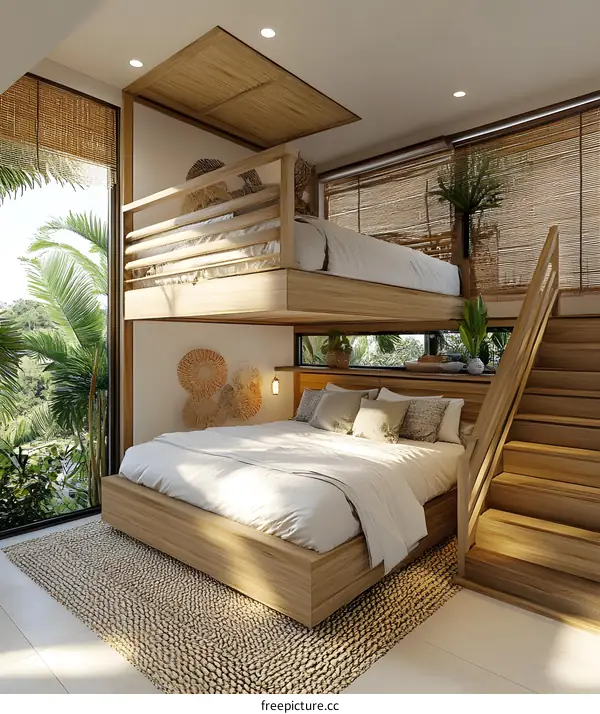 Modern Tropical Bedroom Interior Design with Wooden Bunk Bed and Staircase