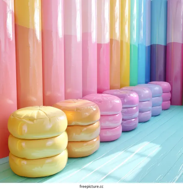 Colorful 3D rendering of a room with stacked donut-shaped ottomans