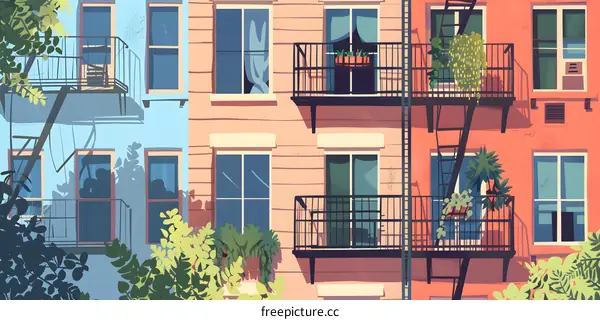 Colorful Building Facade with Balconies and Plants