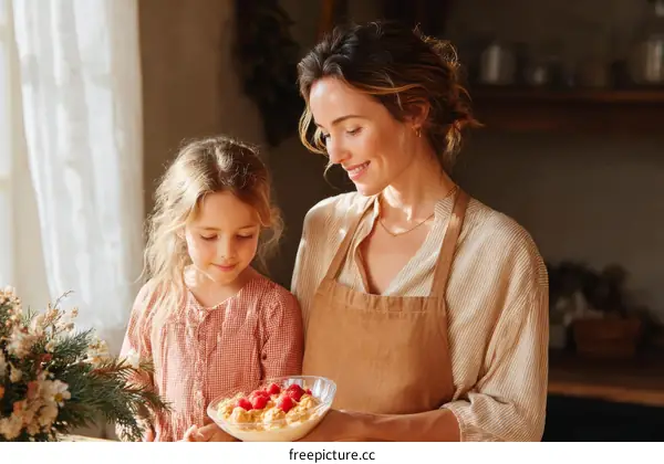 Mother and Daughter Enjoying Dessert in Kitchen