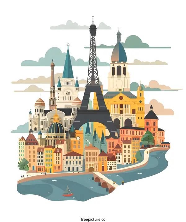 Paris Skyline Illustration with Famous Landmarks and People