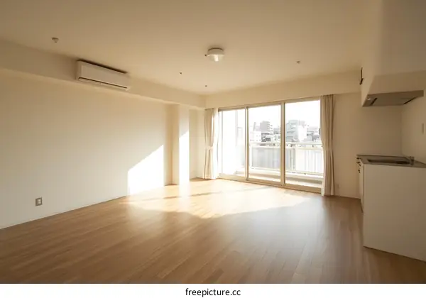 Modern Empty Living Room with Balcony and City View