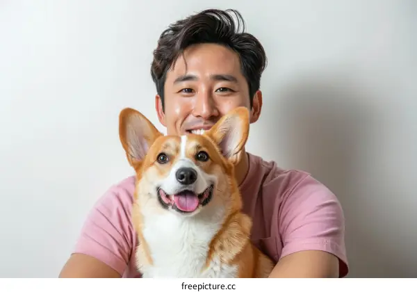A smiling Asian man and his happy looking pet dog