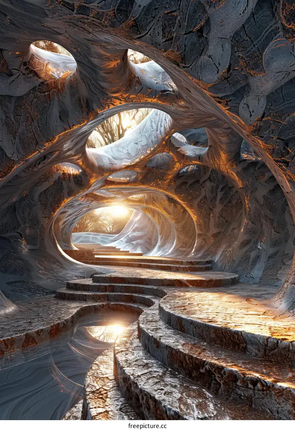 Mystical Glowing Cave with Stone Path