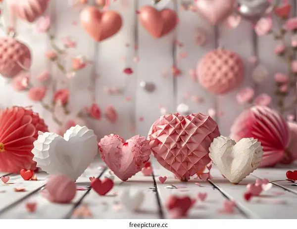 Pink paper hearts on a whitewashed wooden background.