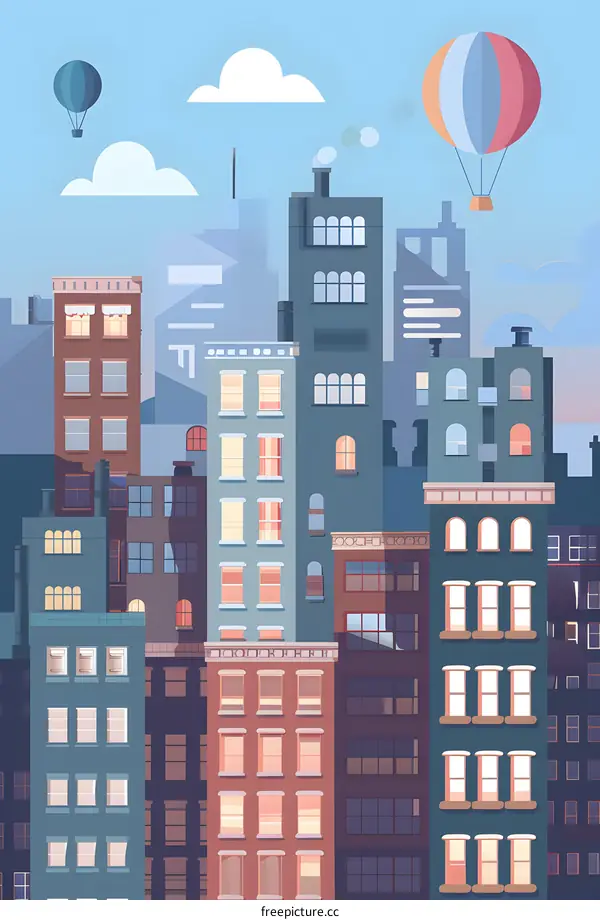 Colorful Cartoon Cityscape With Hot Air Balloons