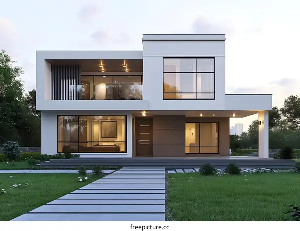 Modern House with a Balcony and a Pathway