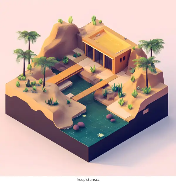 Low Poly Desert Oasis with Palm Trees and Bridge