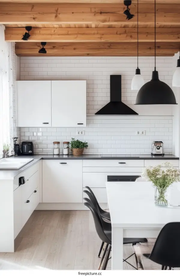 Modern White Kitchen with Wooden Beams