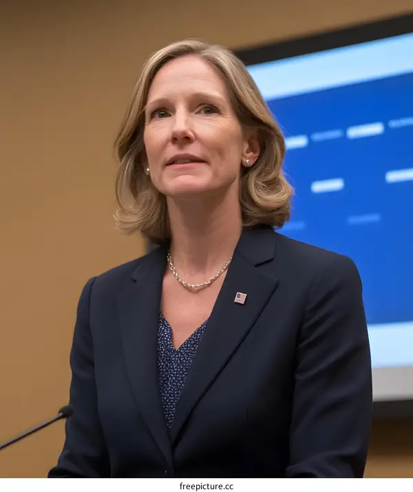 Portrait of a Woman in a Blue Suit with an American Flag Pin