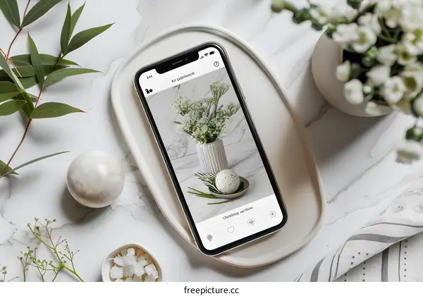 White Marble Phone Screen with Flowers and White Orb
