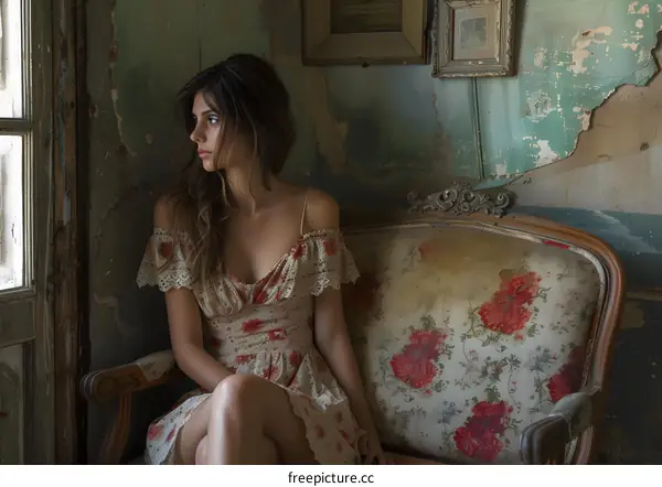 Portrait of a young woman sitting on a chair in an abandoned room