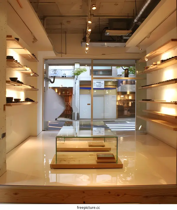 Minimalist Interior Design of a Store with Wooden Shelves and a Glass Display Case