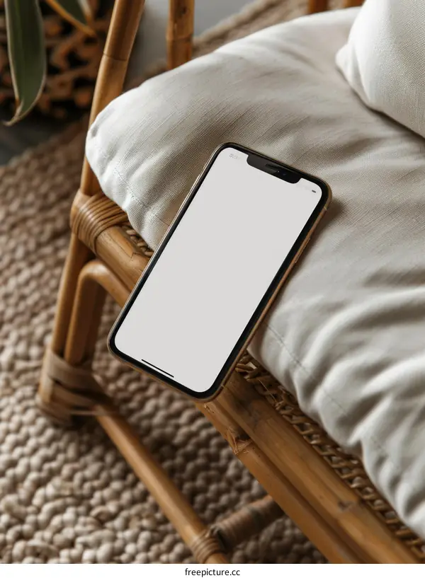 A smartphone sits on a wicker chair with a neutral background.