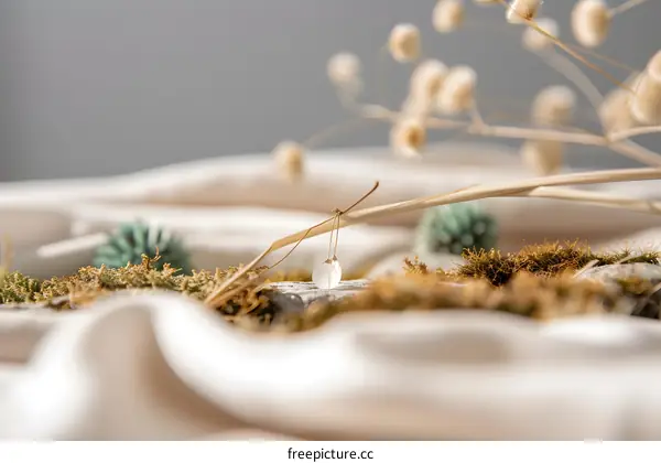 Minimalist Glass Earring with Dried Flowers and Moss on White Fabric