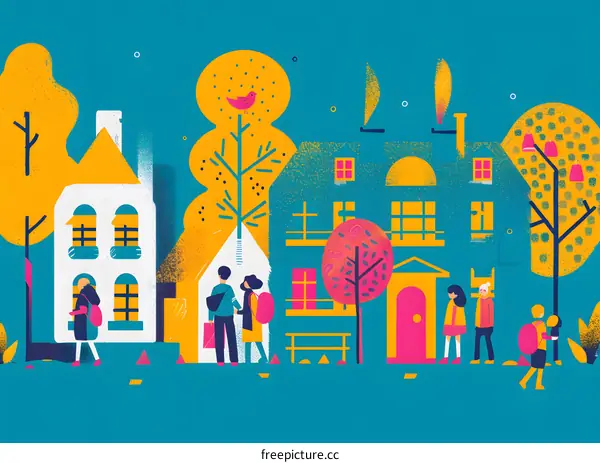 Colorful Illustration of People Walking in a City with Trees and Houses