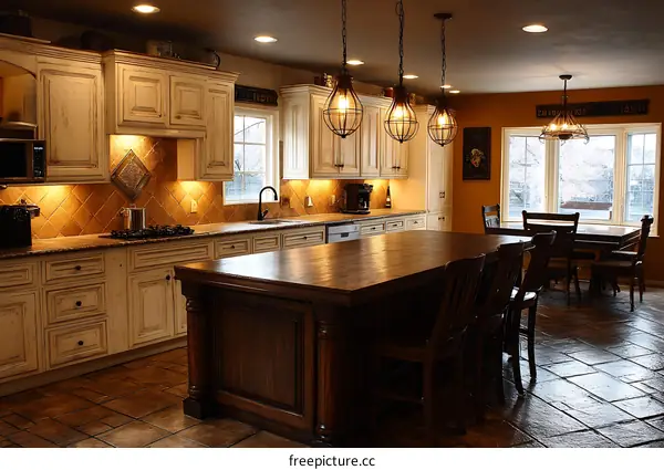 Elegant Farmhouse Kitchen with Wooden Island