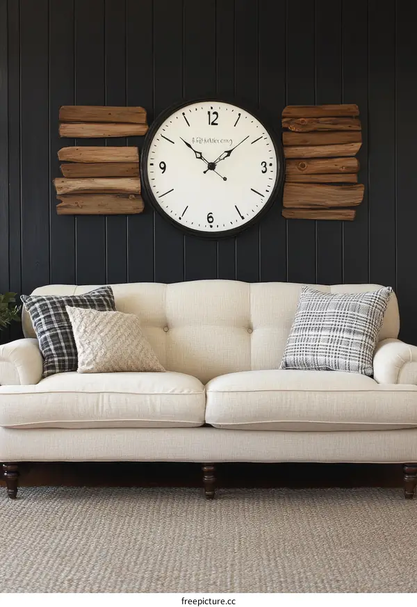 Rustic Living Room Decor Featuring Wooden Wall Art and Clock