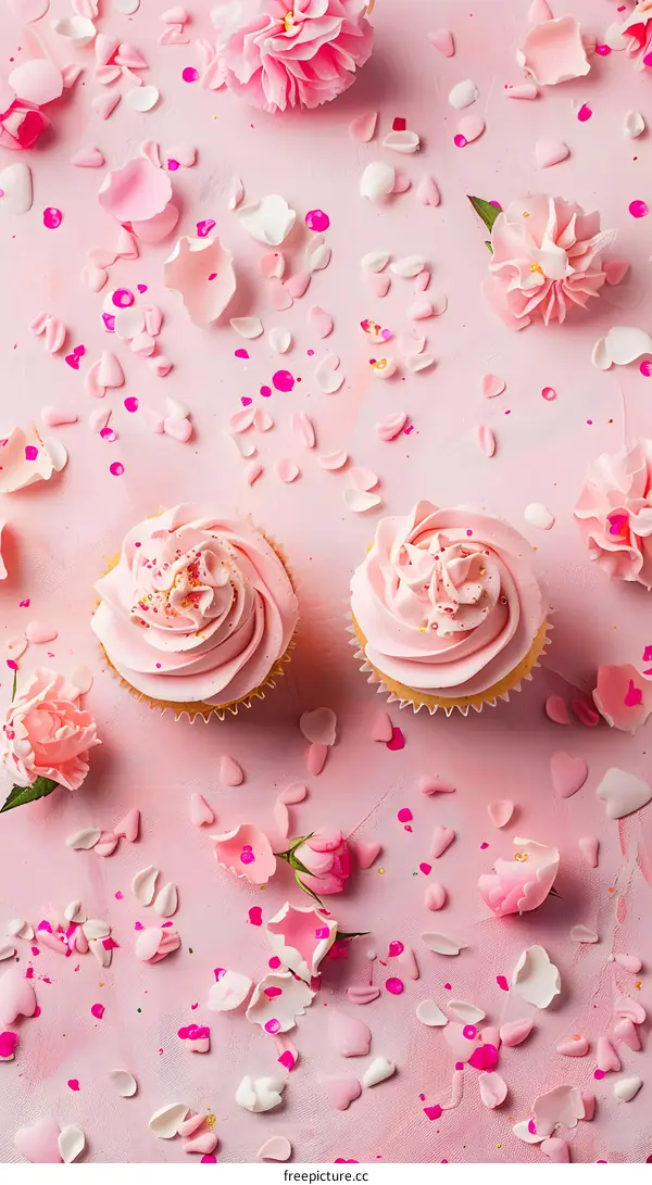 Pink Cupcakes with Flowers and Sprinkles