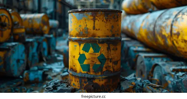 Yellow Rusty Steel Barrel with Green Recycle Symbol