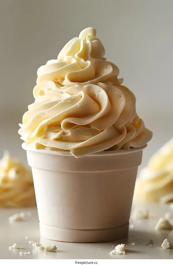 Close-up of a delicious vanilla soft serve ice cream cone