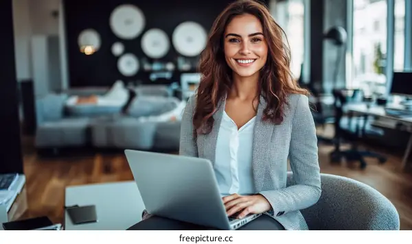 Smiling Business Woman Working on Laptop in Modern Office