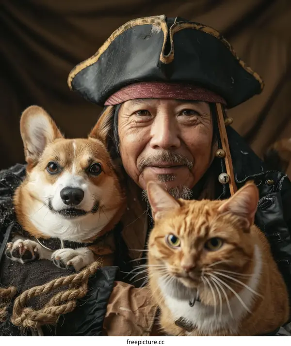 Asian man with a pirate hat posing with a cat and a dog