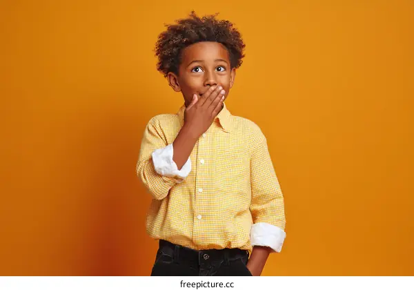Amazed African Child Posing Against Orange Background