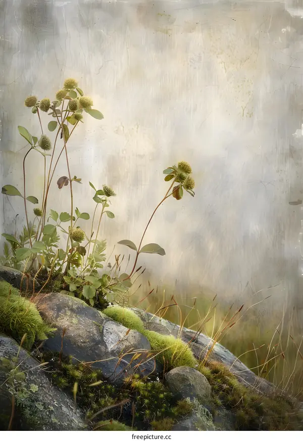 Vintage Watercolor of Green Plants and Moss on Rocks