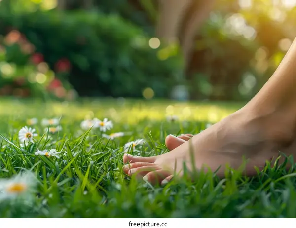 A person standing barefoot on a grass field with daisies
