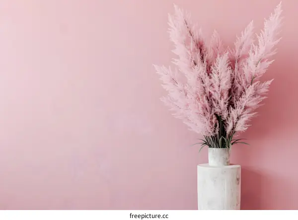 Pink Wall with Dried Flower Arrangement in White Vase