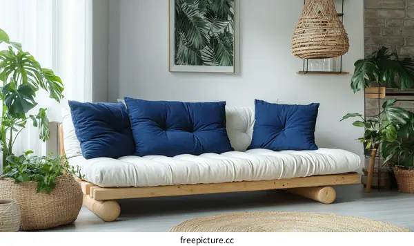 Modern Minimalist Living Room with Wooden Futon Sofa