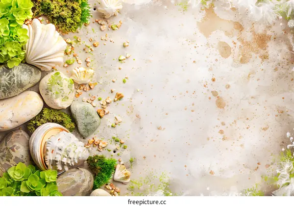 Sea Shells, Stones and Moss on a Light Background