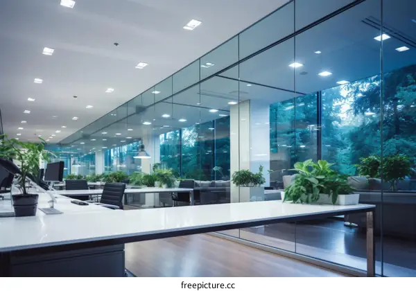 Modern office interior with glass walls and green plants