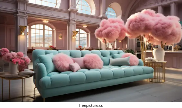 Pink and Blue Living Room with Plush Sectional Sofa