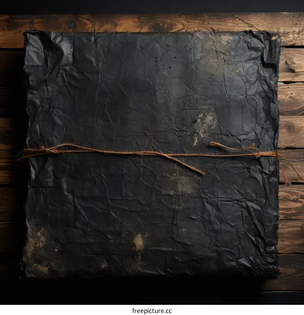 Black paper package on wooden table