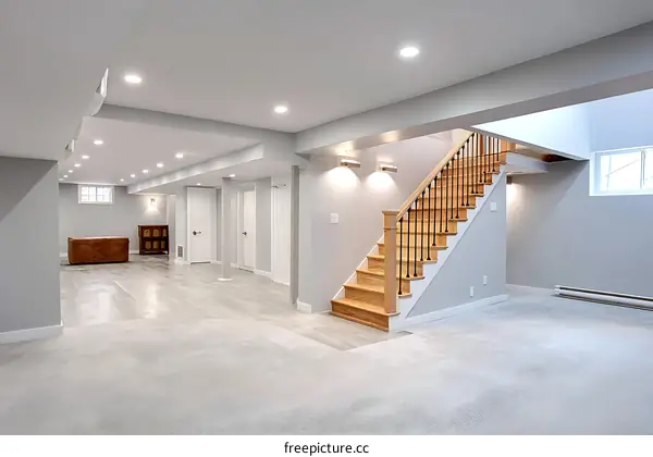 Modern Basement Interior Design with Wooden Stairs