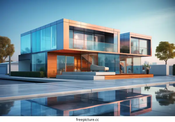 Modern house with large glass windows and a swimming pool