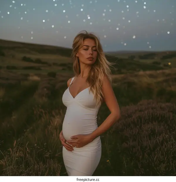 Pregnant woman standing in a field of lavender at sunset